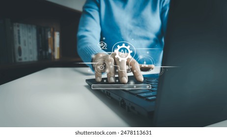 AI technology, Artificial Intelligence, Chatbot Chat and talk with AI, Using laptop for search and find data by command prompt, robot learning machine create or generate picture or article auto