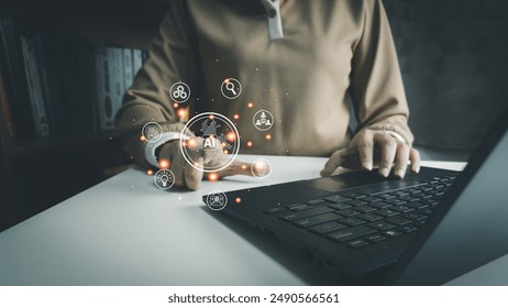AI technology, Artificial Intelligence, Chatbot Chat and talk with AI, Using laptop for search and find data by command prompt, robot learning machine create or generate picture or article auto