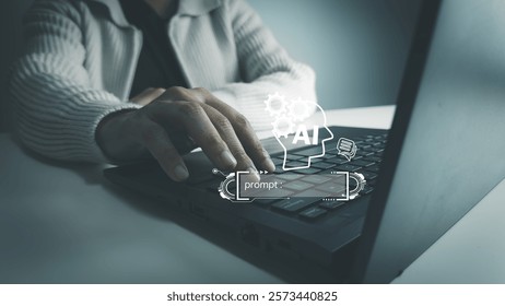 AI technology, Artificial Intelligence, Chatbot Chat and talk with AI, Using laptop for search and find data by command prompt, robot learning machine create or generate picture or article auto