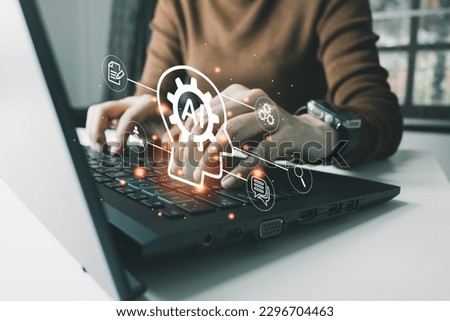 AI technology, Artificial Intelligence, Chatbot Chat and talk with AI, Using laptop for search and find data by command prompt, robot learning machine create or generate picture or article auto