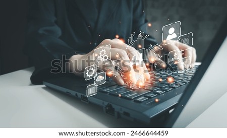 AI technology, Artificial Intelligence, Chatbot Chat and talk with AI, Using laptop for search and find data by command prompt, robot learning machine create or generate picture or article auto