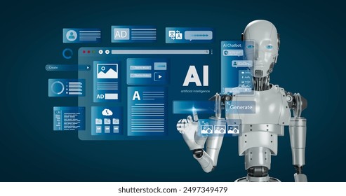 Ai technology. Artificial Intelligence. Humanoid Robot use AI tools for generate images, write code, writer bot, translate, advertising. AI assistant. Text to music, video. chatbot. LLM. AI robot.