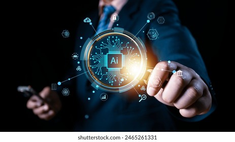 Ai technology, Artificial Intelligence. man using technology smart robot AI, artificial intelligence by enter command prompt for generates something, Futuristic technology transformation. Chat with Ai