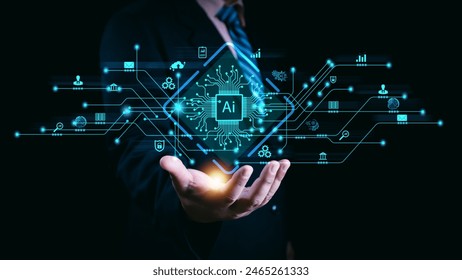 Ai technology, Artificial Intelligence. man using technology smart robot AI, artificial intelligence by enter command prompt for generates something, Futuristic technology transformation. Chat with Ai - Powered by Shutterstock