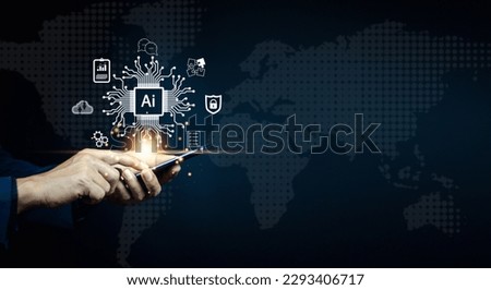 Ai technology, Artificial Intelligence. man using technology smart robot AI, artificial intelligence by enter command prompt for generates something, Futuristic technology transformation. Chat with AI