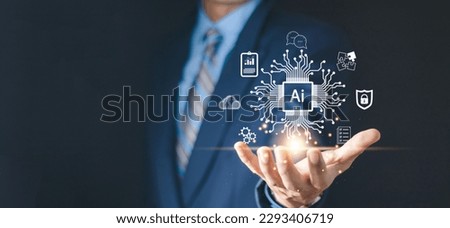 Ai technology, Artificial Intelligence. man using technology smart robot AI, artificial intelligence by enter command prompt for generates something, Futuristic technology transformation. Chat with AI