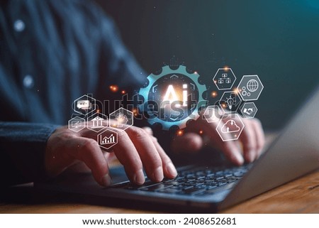 Ai technology, Artificial Intelligence. Man using technology smart robot AI, artificial intelligence by enter command prompt for generates something, Futuristic technology transformation. Chat with AI