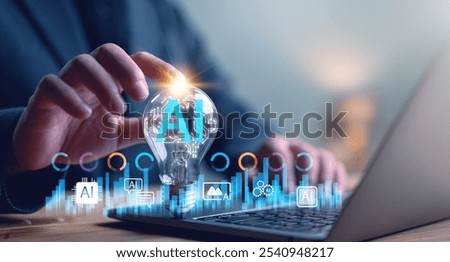 Ai technology, Artificial Intelligence. Man show smart robot AI, artificial intelligence, Futuristic technology transformation, Technology and people AI technology in everyday life.