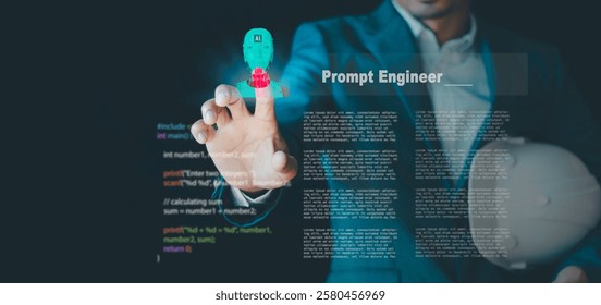 Ai technology, Artificial Intelligence, Prompt Engineer and Librarians, IT specialists against digital screens on computers with binary code develop software using enter command prompt to generate 