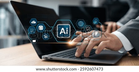 AI technology, artificial intelligence in work to help maximize efficiency, businessman uses AI technology to help analyze big data and use it in human daily life, future technology.