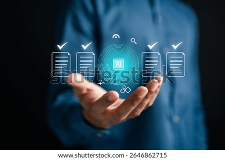 AI technology automates document verification for accuracy and compliance. Concept of smart data validation, digital document management, and paperless workflow using artificial intelligence.