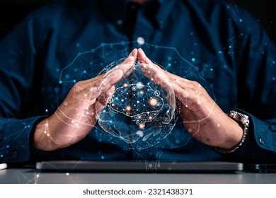 ai, technology, business, neural, processor, network, artificial intelligence, innovation, innovative, intelligence. down of hand have artificial intelligence neural hud is showing. ai technology.