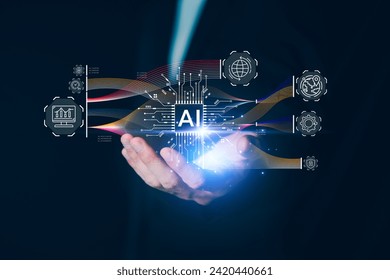AI Technology. Businessman touch artificial intelligence in the process of predictive analytics. Customer service chatbot analytics information trends technology. Machine learning. Automation.