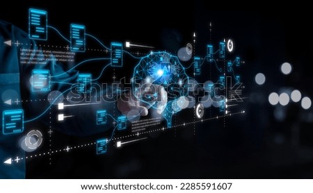 AI Technology. Businessman touch brain working data and Algorithm of Artificial Intelligence in the future business and coding software development synchronize network connection, Data science.