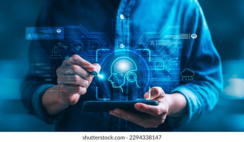 AI technology and Chatbot, as a businessman interacts with a virtual graphic on a global internet connect platform. Virtual assistant that utilizes AI processing technology to communicate with users