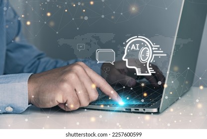 AI technology, chatbot, businessman using laptop chatting with AI auto-generative system, online customer care, data and computing techniques to make predictions words.