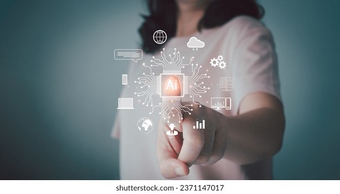 AI technology concept, Artificial Intelligence. Developer touch virtual internet service connect smart robot AI assistant to generate something, Digital business technology transformation. Chat bot Ai