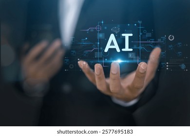 Ai technology concept with artificial intelligence chatbot and generative smart system, robotic, deep learning network, digital assistant, machine learning, algorithm, innovation and data processing