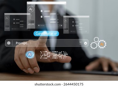Ai technology concept with artificial intelligence chatbot and generative smart system, robotic, deep learning network, digital assistant, machine learning, algorithm, innovation and data processing