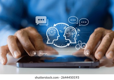 Ai technology concept with artificial intelligence chatbot and generative smart system, robotic, deep learning network, digital assistant, machine learning, algorithm, innovation and data processing