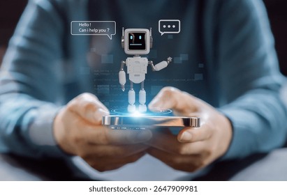 Ai technology concept with artificial intelligence chatbot and generative smart system, robotic, deep learning network, digital assistant, machine learning, algorithm, innovation and data processing