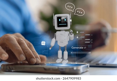 Ai technology concept with artificial intelligence chatbot and generative smart system, robotic, deep learning network, digital assistant, machine learning, algorithm, innovation and data processing