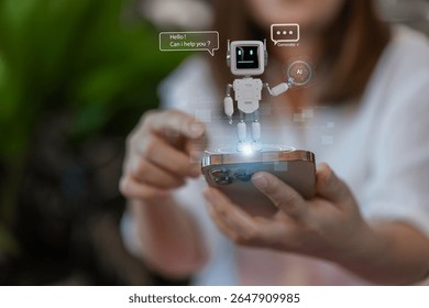 Ai technology concept with artificial intelligence chatbot and generative smart system, robotic, deep learning network, digital assistant, machine learning, algorithm, innovation and data processing