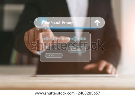 Ai technology concept, Artificial Intelligence, Businessman show virtual graphic Global Internet connecting, Chat bot assistant. Using command prompt for generates something.