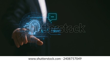 Ai technology concept, Artificial Intelligence, Businessman show virtual graphic Global Internet connecting, Chat bot assistant. Using command prompt for generates something.