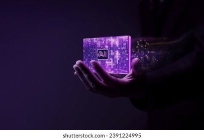 AI Technology Concept. Hand Holdings an AI CPU. Conceptual Photo. Futuristic Tone