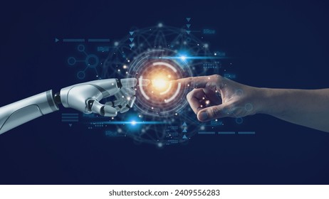 AI technology concept, Machine Learning, Robot hand touching human hand. to connect with global data refers to how humans can create and control artificial intelligence, AI innovation and technology. - Powered by Shutterstock