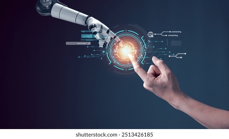 AI technology concept, Machine Learning, Robot hand touching human hand. to connect with global data refers to how humans can create and control artificial intelligence, AI innovation and technology.