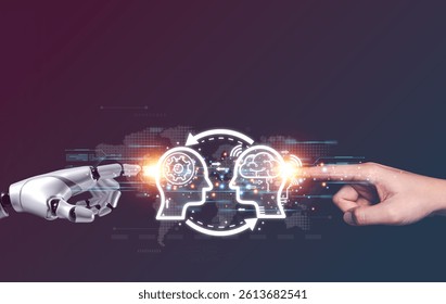 AI technology concept, Machine Learning, Robot hand touching human hand. Connect with global data refers to how humans can create and control artificial intelligence, AI innovation and technology.