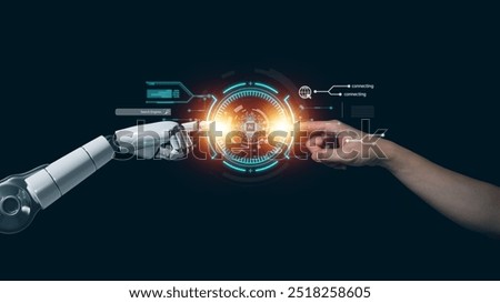AI technology concept, Machine Learning, Robot hand touching human hand. to connect with global data refers to how humans can create and control artificial intelligence, AI innovation and technology.