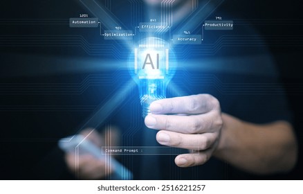 AI technology concept. Man holds illuminated light bulb with smart Ai chip and prompt. Artificial Intelligence tech for improving productivity, automation, optimization and new solutions in all fields - Powered by Shutterstock