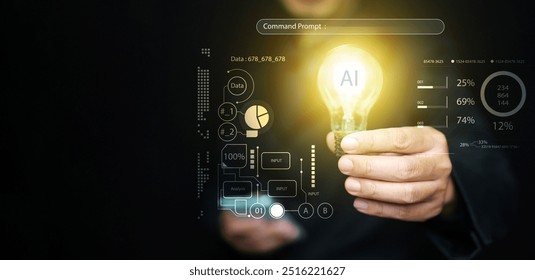 AI technology concept. Man holds illuminated light bulb with smart Ai chip and command prompt. Artificial Intelligence tech for idea, creativity, and solution in all fields - Powered by Shutterstock