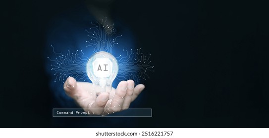 AI technology concept. Man with illuminated light bulb with smart Ai chip and command prompt. Artificial Intelligence for idea, creativity, and solution in all fields. Bright future of AI tech - Powered by Shutterstock