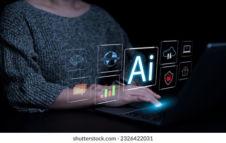 AI technology concept. Woman use AI to help work or use AI everyday life at home. AI Learning and Artificial Intelligence. Business, modern technology, internet and networks, Prompt Generate, ChatGPT, - Powered by Shutterstock