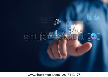 AI technology with data analysis, charts, and finance dashboard. Representing artificial intelligence assistant in investment, financial planning, and smart money management systems.