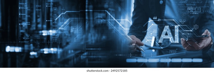 AI technology, Data engineering. Computer programmer, software engineer using digital tablet with AI for data analytics with database management and network server, technology background - Powered by Shutterstock - Get 15% off with code: PIKWIZARD15