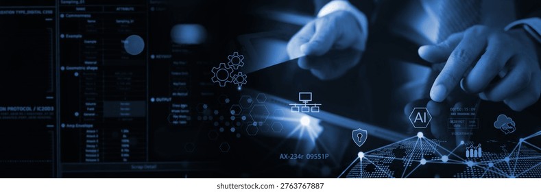 AI technology, Data engineering. Computer programmer, software engineer using digital tablet with AI for data analytics with database management and network server, technology background - Powered by Shutterstock - Get 15% off with code: PIKWIZARD15