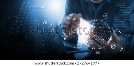 AI technology, Data engineering. Computer programmer, software engineer using digital tablet with AI for data analytics with database management and network server, technology background