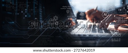 AI technology, Data engineering. Computer programmer, software engineer using digital tablet with AI for data analytics with database management and network server, technology background