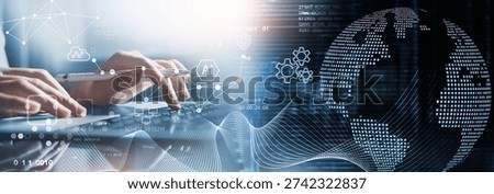 AI technology, Data engineering. Computer programmer, software engineer using digital tablet with AI for data analytics with database management and network server, technology background