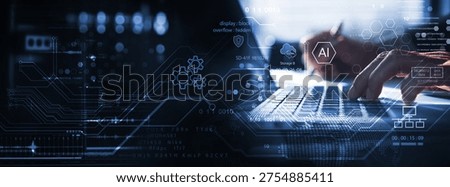 AI technology, Data engineering. Computer programmer, software engineer using digital tablet with AI for data analytics with database management and network server, technology background
