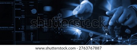 AI technology, Data engineering. Computer programmer, software engineer using digital tablet with AI for data analytics with database management and network server, technology background