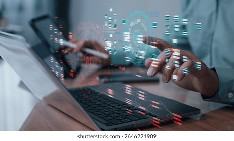 AI Technology and Data Visualization Interface for Business Solutions, surrounded by futuristic digital graphics representing artificial intelligence, machine learning, and data-driven analytics. 