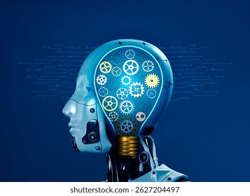 AI technology, deep learning, artificial intelligence assistant workflow system concept. Gears and cogwheels in light bulb shape inside robot humanoid head on blue background with circuit graphics.