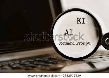 AI technology demonstrated with laptop, text and magnifying glass. Command Prompt and KI. Chat with artificial intelligence.