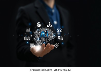 AI technology development for human learning concept, Businesswomen show the AI brain system global technology with digital connection smart interface, Education, Industry, Medical, Human, Environment